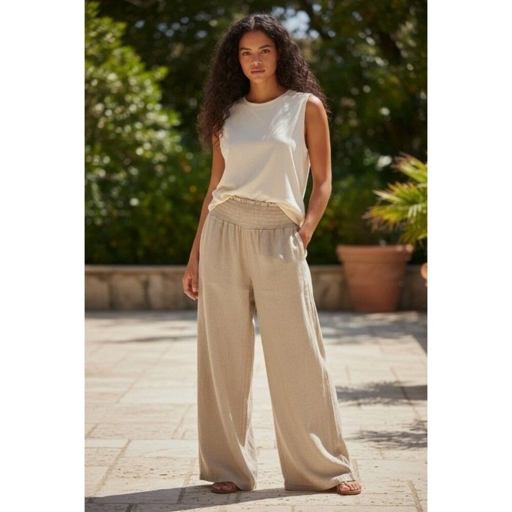 TFY Collection Beige Wide-Leg Pants Boho Cotton Boutique Resortwear Sz Small